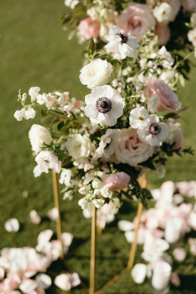 pink and white floral arrangement proposal flowers
