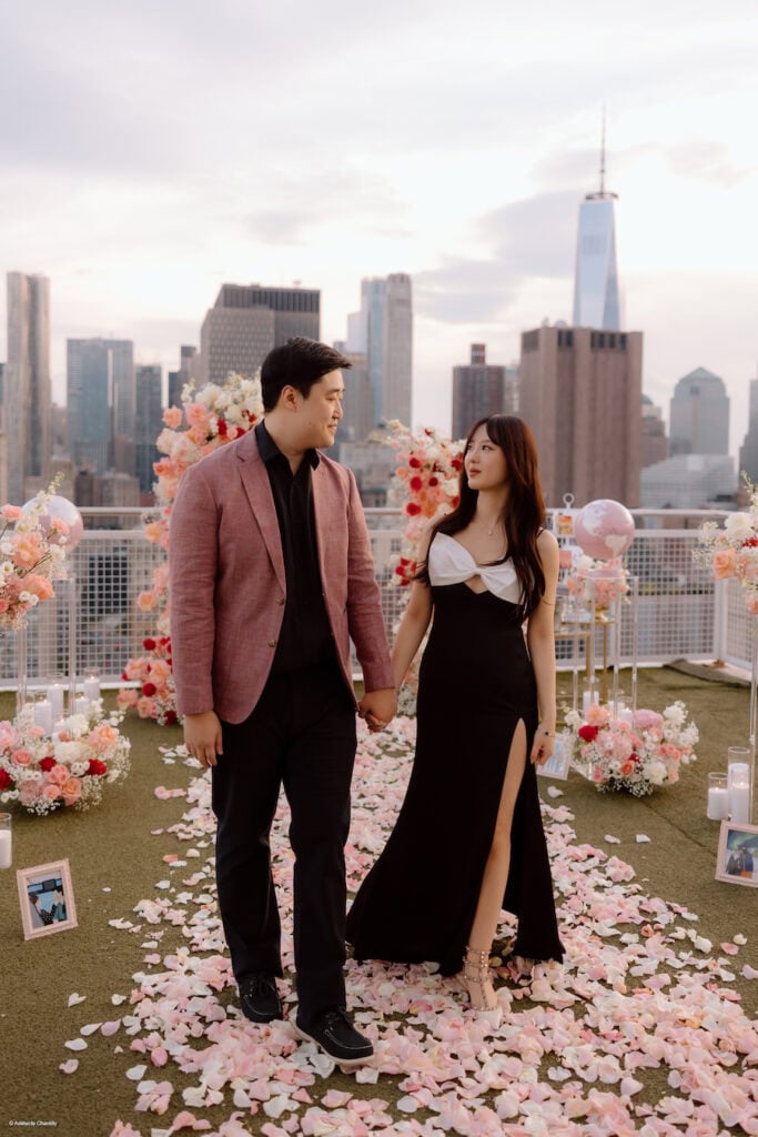 Beautiful couple gets engaged in New York on private rooftop
