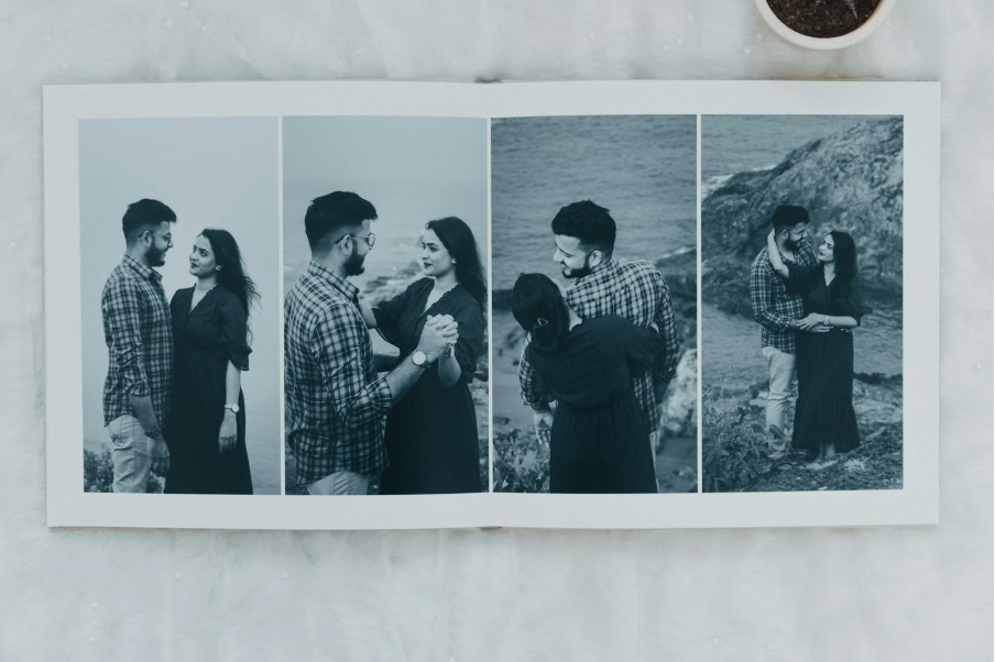 A couple on the beach in four successive photos.