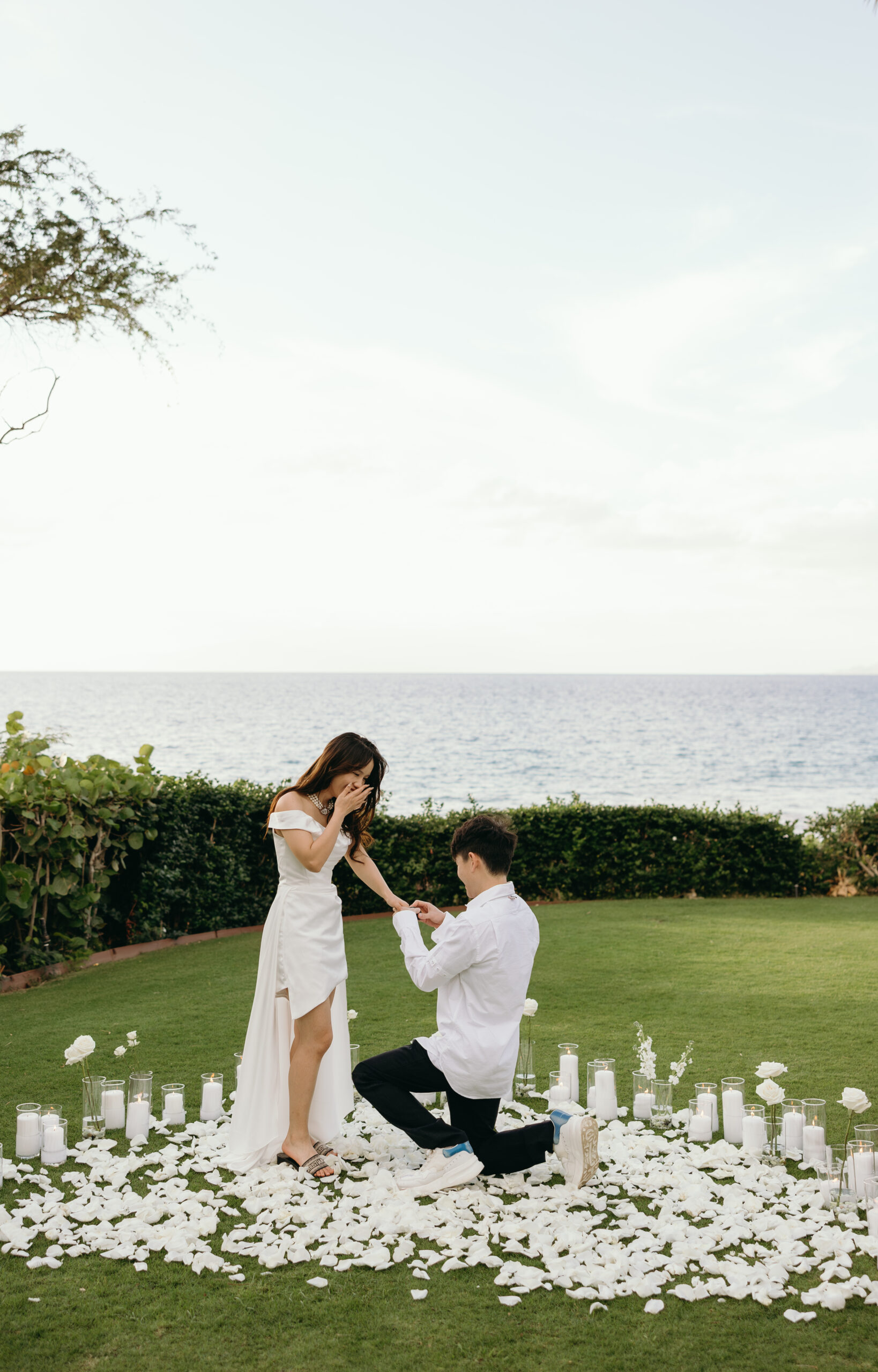 Proposal on one knee among white petals and candles on an oceanfront lawn at the Grand Wailea