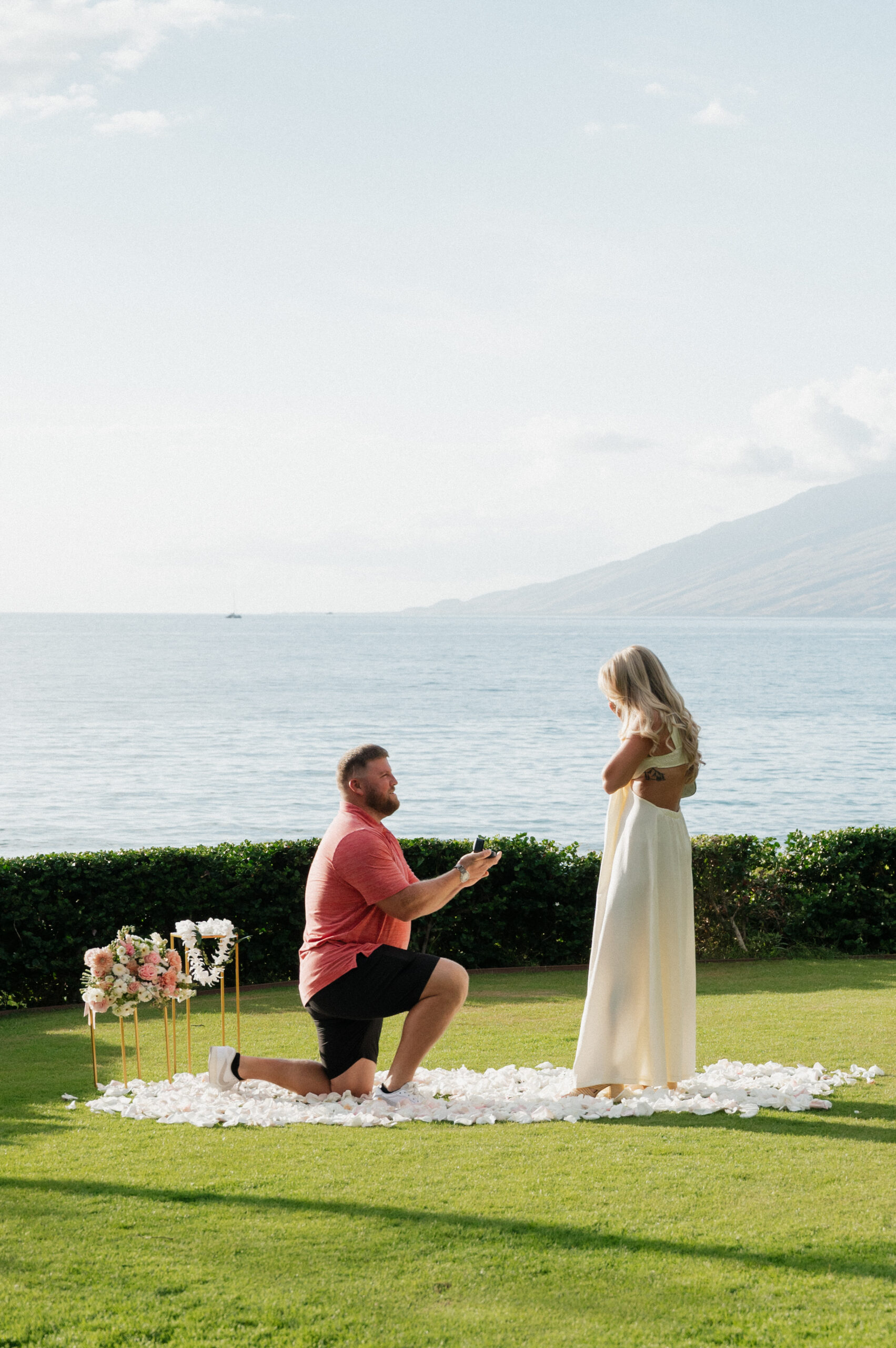 Proposal on one knee with ocean and mountain views at the Grand Wailea, Maui
