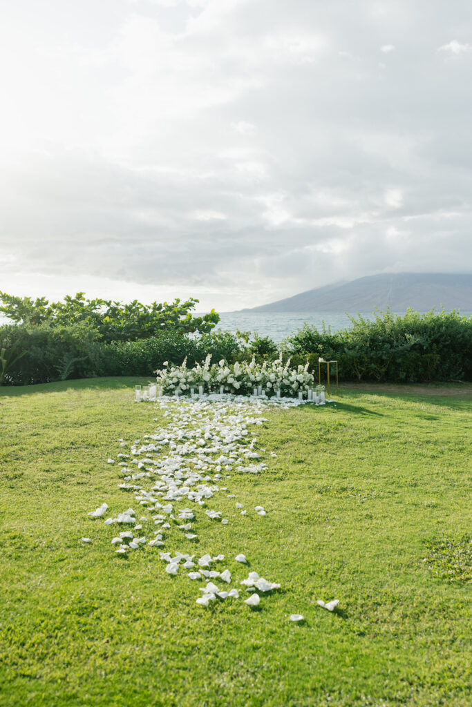 Beautiful outdoor proposal aisle decorated with white petals and greenery in Maui.
