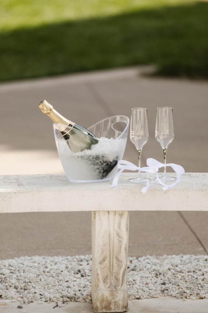 Champagne on ice with flutes on a white pedestal